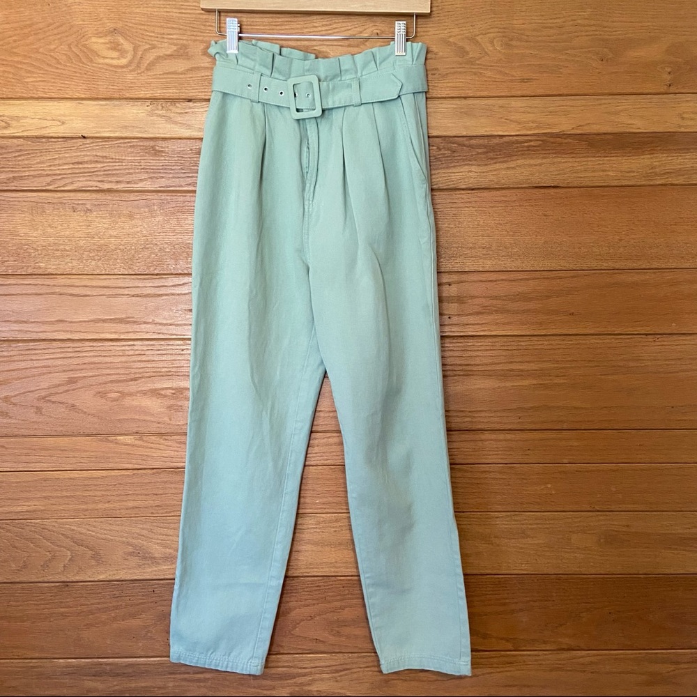 Forever 21 sage green high rise paperbag waist belted pants